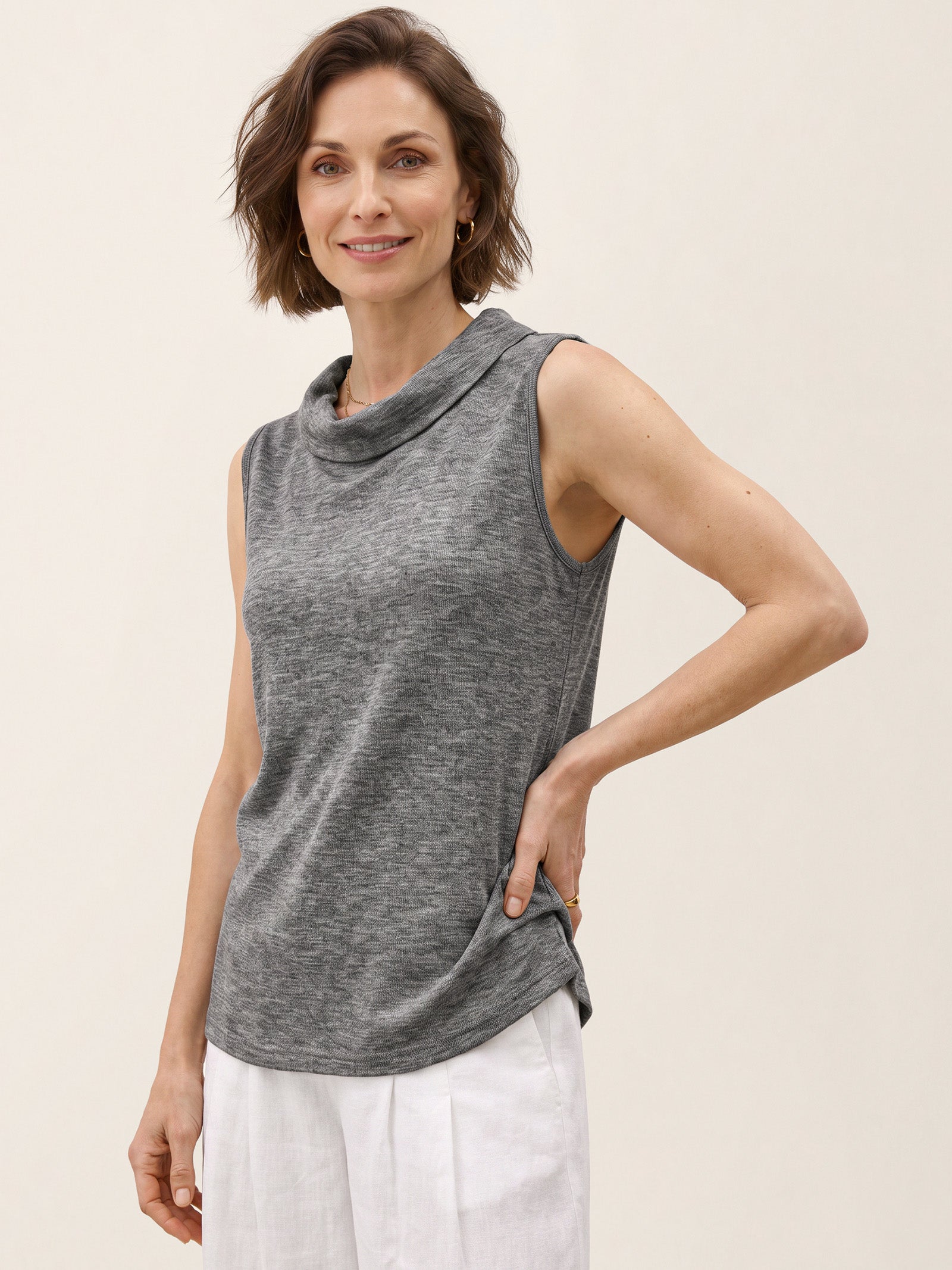 Silver Melange Wool Draped Collar Sleeveless Knit Top NADINE by LINTICO