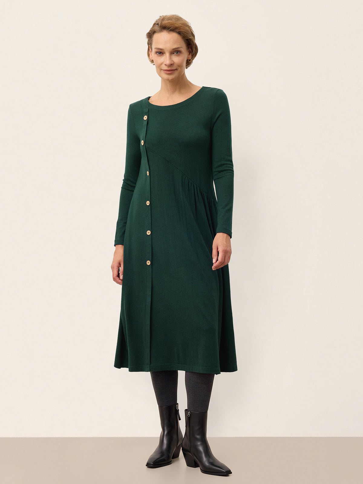 Wool Front Button Long Sleeve Midi Dress MABEL