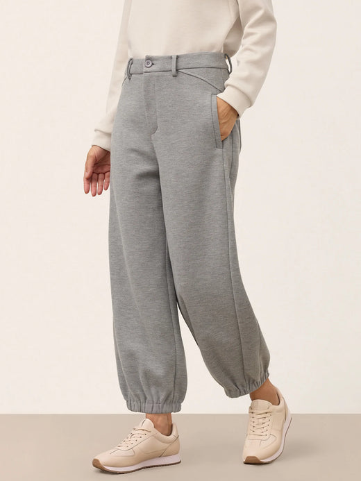 Wool Mid Waist Curved Leg Drawstring Hem Pants ZORELLE