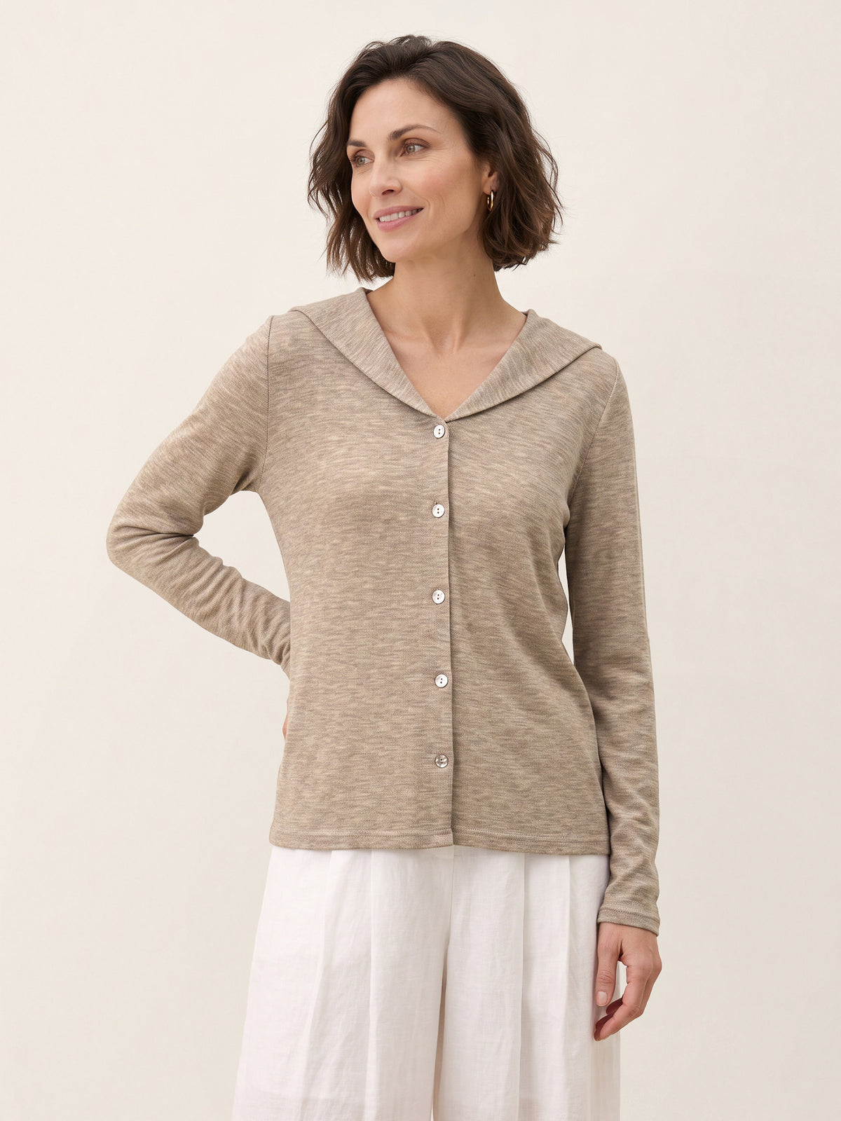 Rose Taupe Wool Hooded Collar Shell Button Knit Cardigan SYLVIE by LINTICO