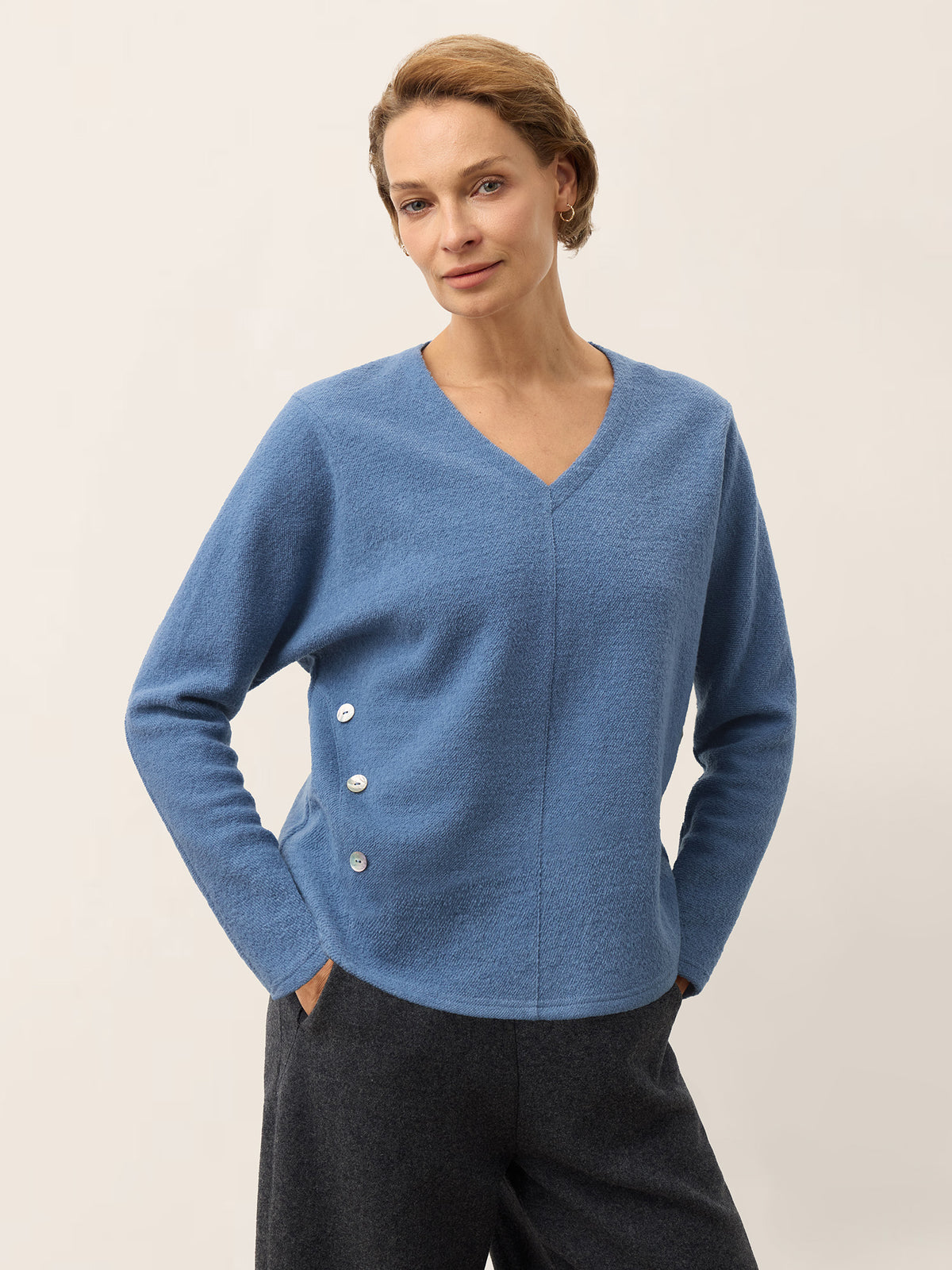 Wool Lyocell V Neck Front Button Knit Top JULIETTE