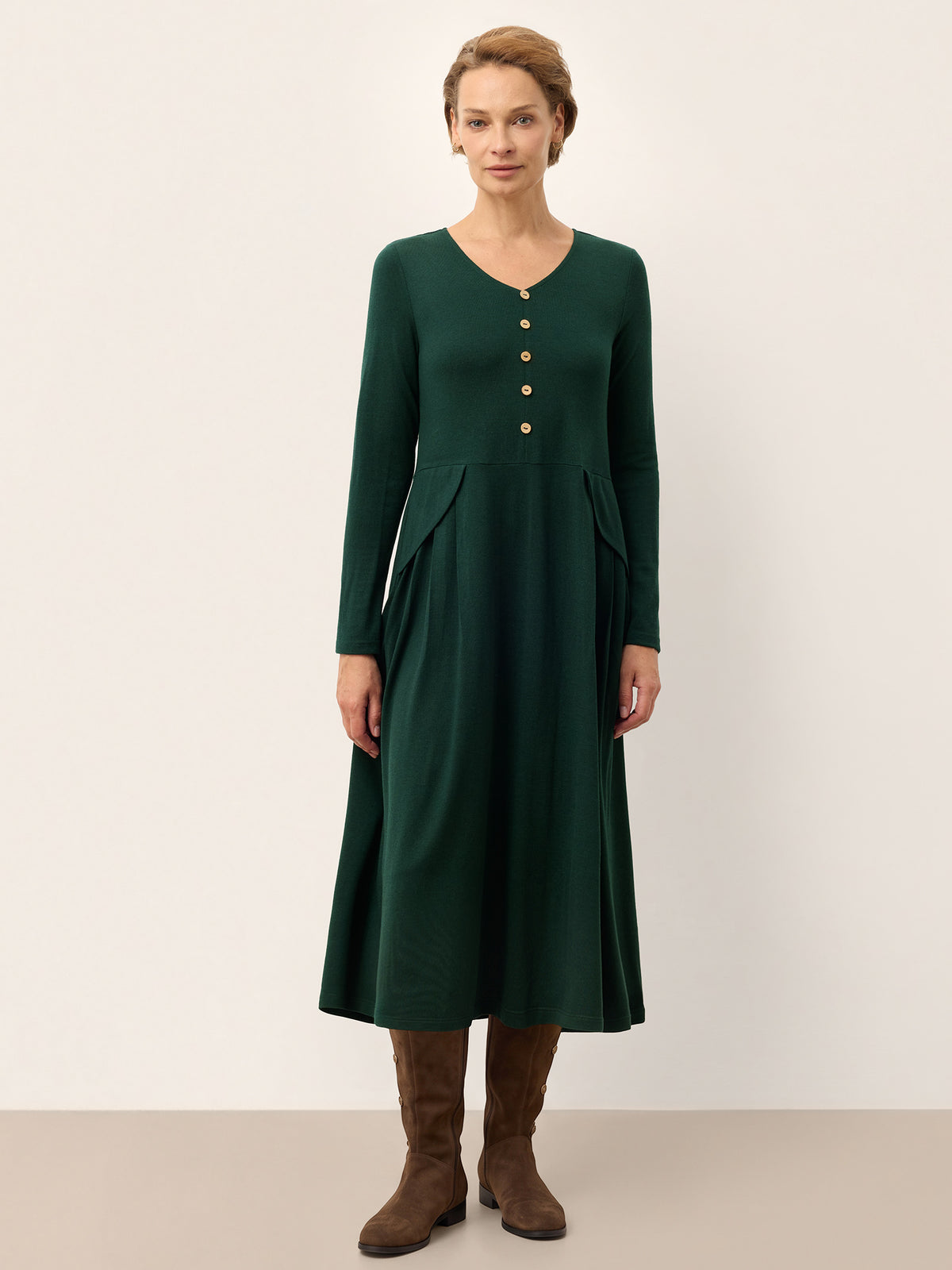 Wool V Neck Chest Button Detail Long Sleeve Midi Dress RENEE