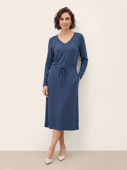 Wool V Neck Drawstring Waist Knit Midi Dress NOEMIE