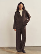 Merino Wool V-Neck Collar Sweater With Elastic Palazzo Pants