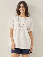 100% Linen Round Neck Pleated Pullover Top