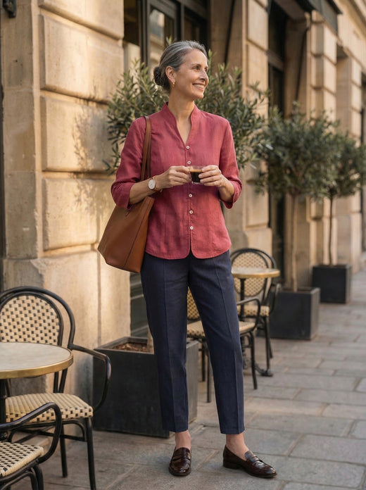 100% Linen Stand-Collar Half-Sleeve Fitted Jacket AMELIA