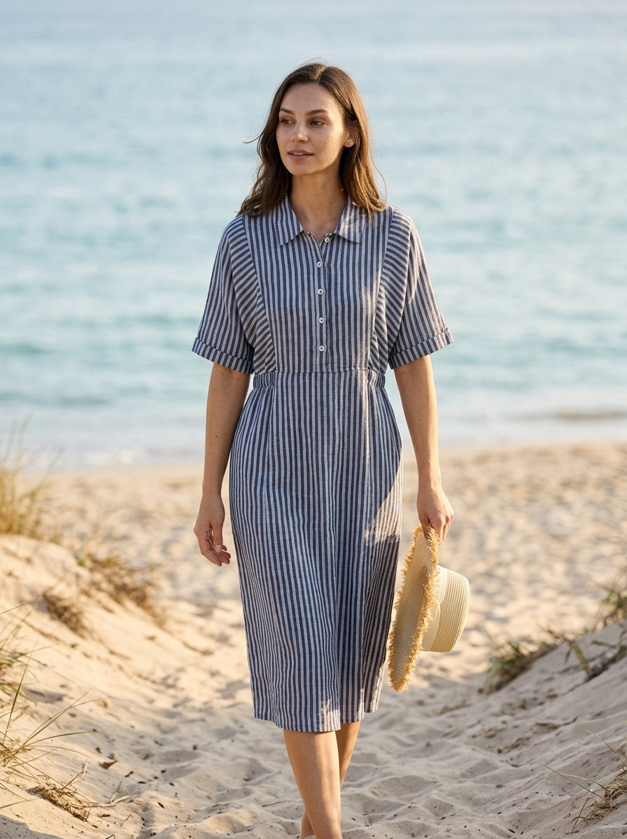 100% Linen Striped Buttoned Front Short Sleeve Midi Shirt Dress CASSANDRA in Navy Stripe on the beach