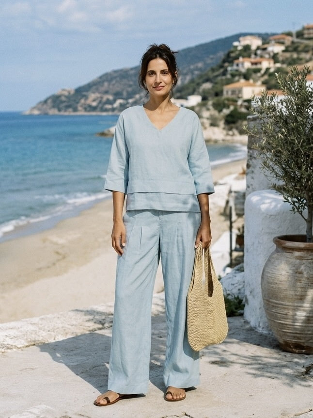VIOLA blue linen layered set by the water