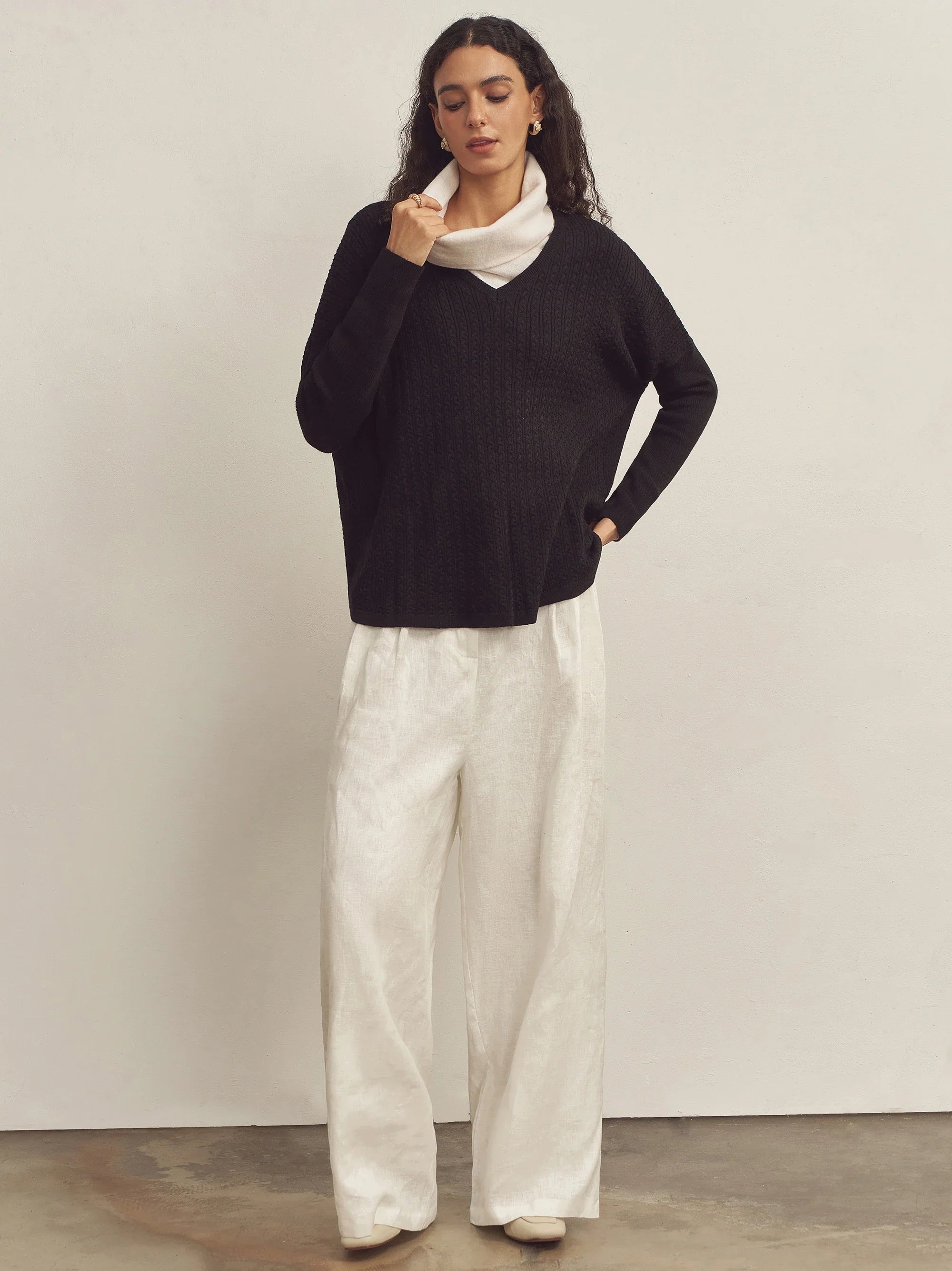 Cashmere V-Neck Textured Oversized Sweater With Asymmetrical Structural Design