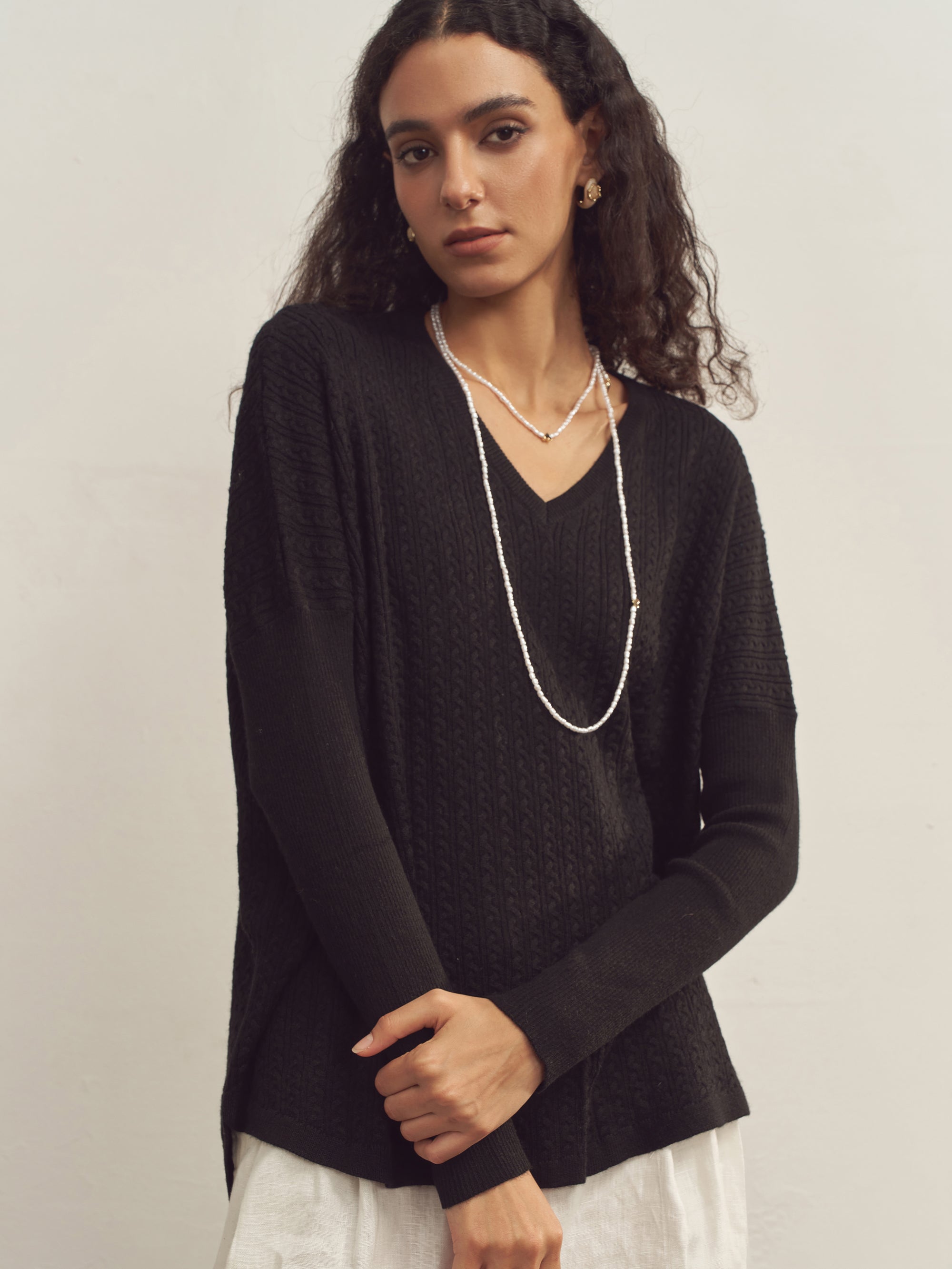 Cashmere V-Neck Textured Oversized Sweater With Asymmetrical Structural Design