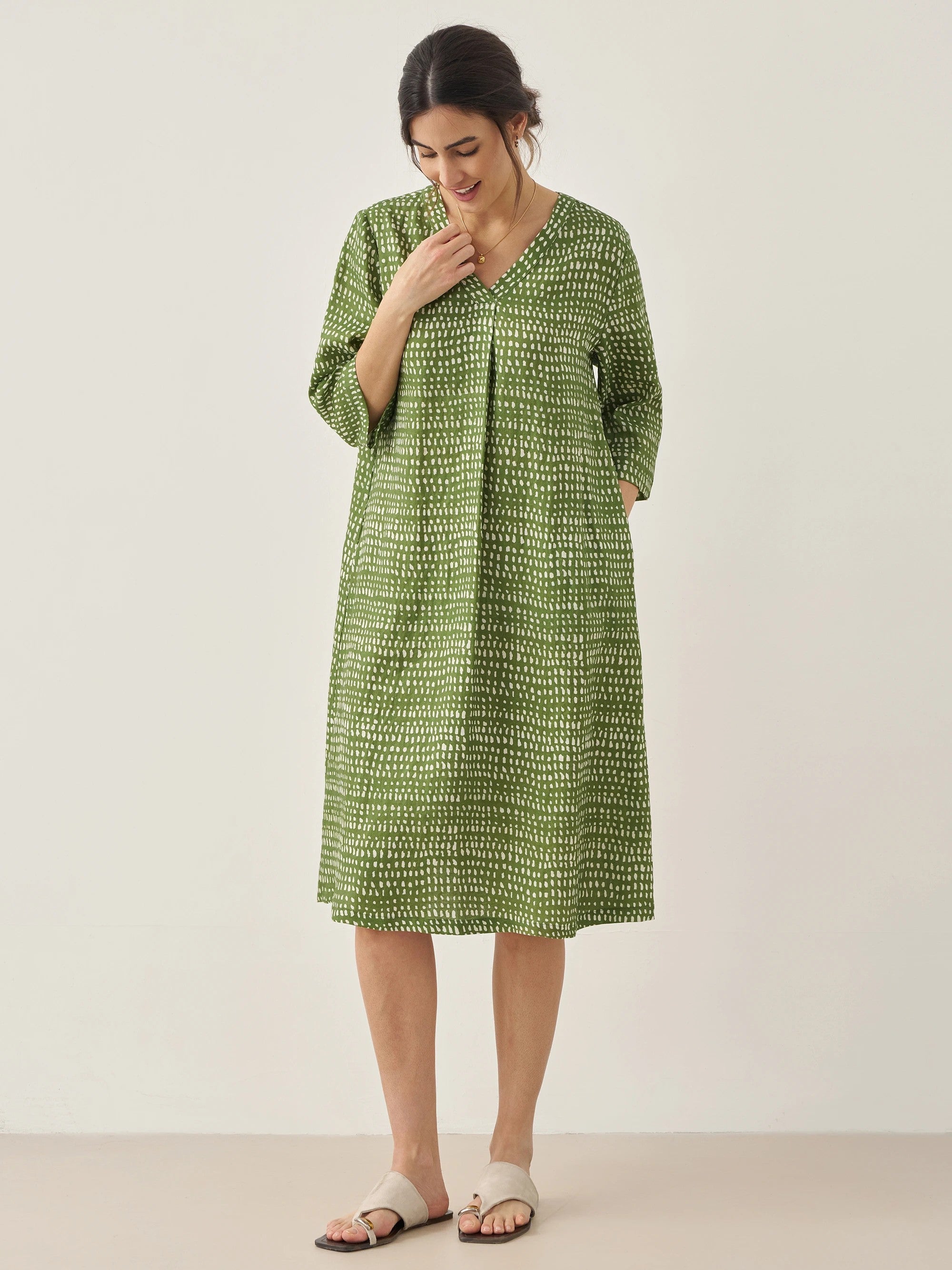 100% Linen V-Neck Polka Dot Midi Dress LIRA - DRESSES-Linen