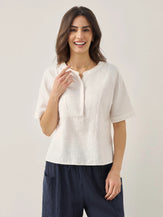 100% Linen Round Neck Concealed Placket Top - Optic White / S - TOPS-Linen Blouses