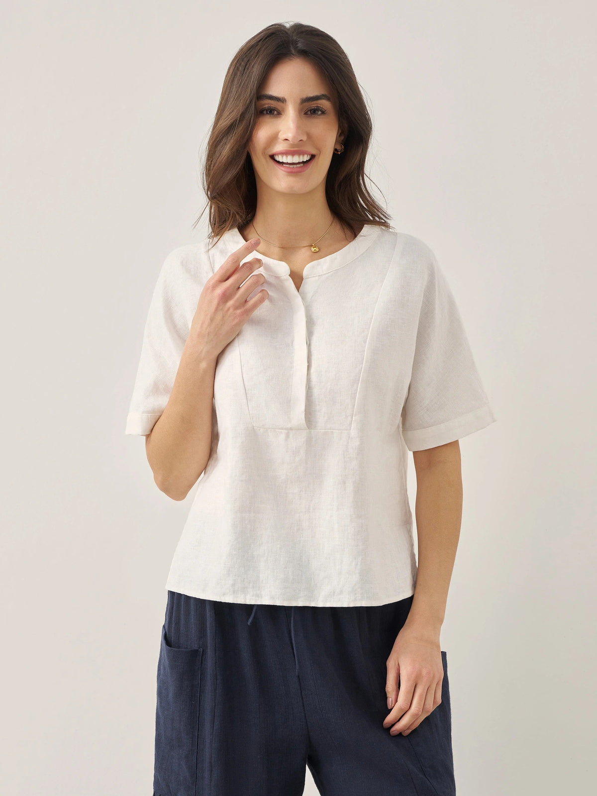 100% Linen Round Neck Concealed Placket Top - Optic White / S - TOPS-Linen Blouses