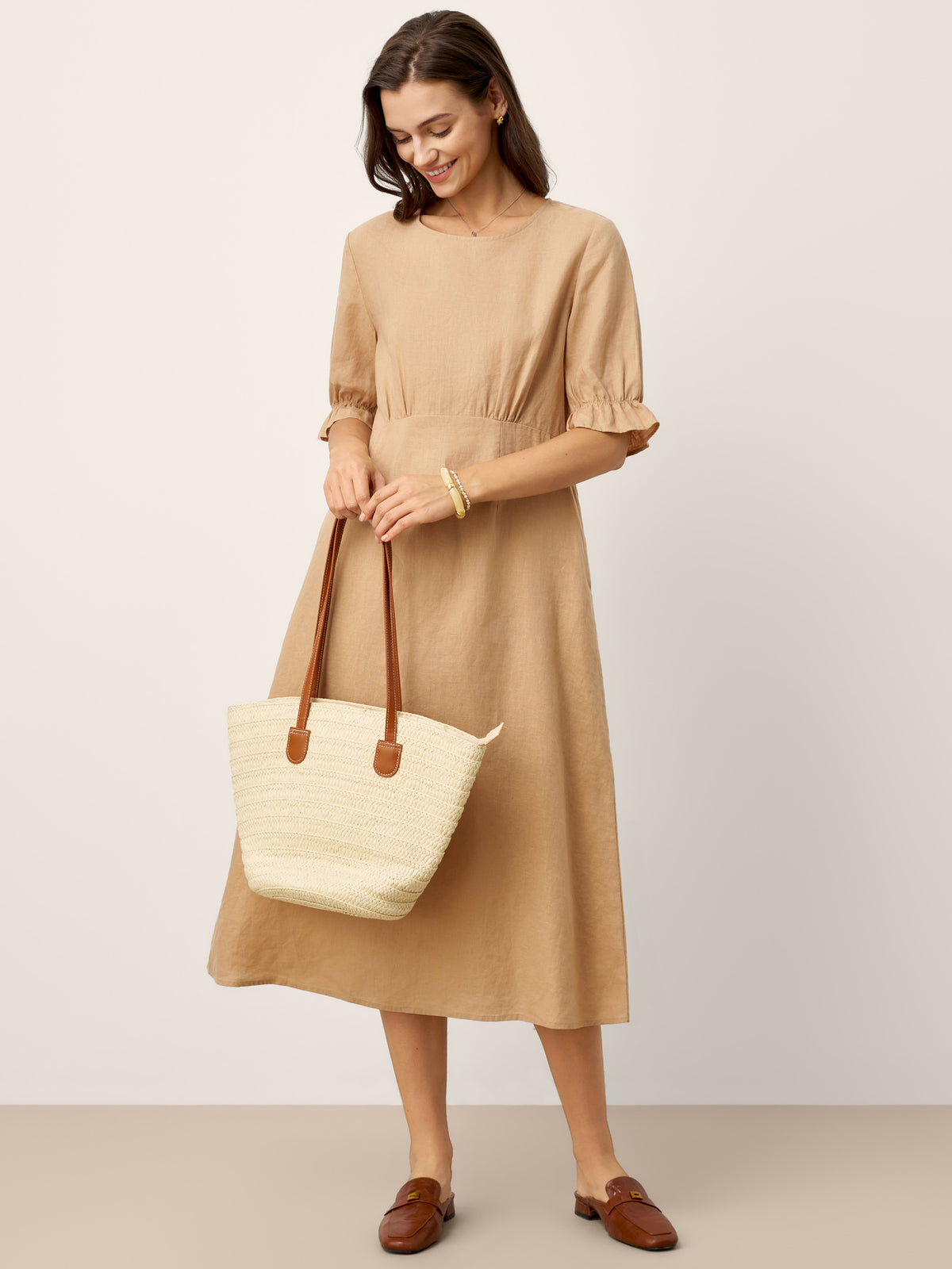 100% Linen Round Neck High Waist Ruffle Sleeve Maxi Dress ZEPHYRA by LINTICO for women