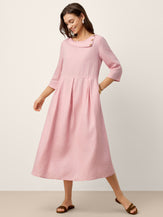 100% Linen Crescent Neck Decorative Button Waist Pleated Midi Dress GWENYTH by LINTICO for women