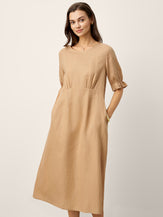 100% Linen Round Neck High Waist Ruffle Sleeve Maxi Dress ZEPHYRA by LINTICO for women