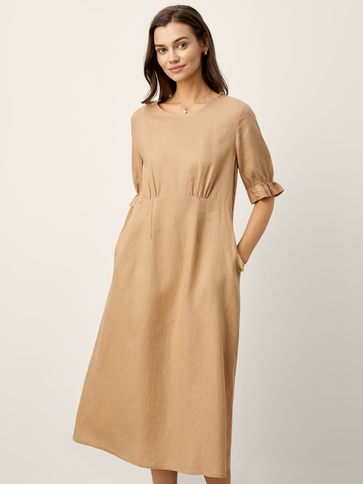 100% Linen Round Neck High Waist Ruffle Sleeve Maxi Dress ZEPHYRA by LINTICO for women