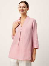 100% Linen Layered Lapel V-neck Sculpted Front Pleat Longline Top ODALYS by LINTICO for women