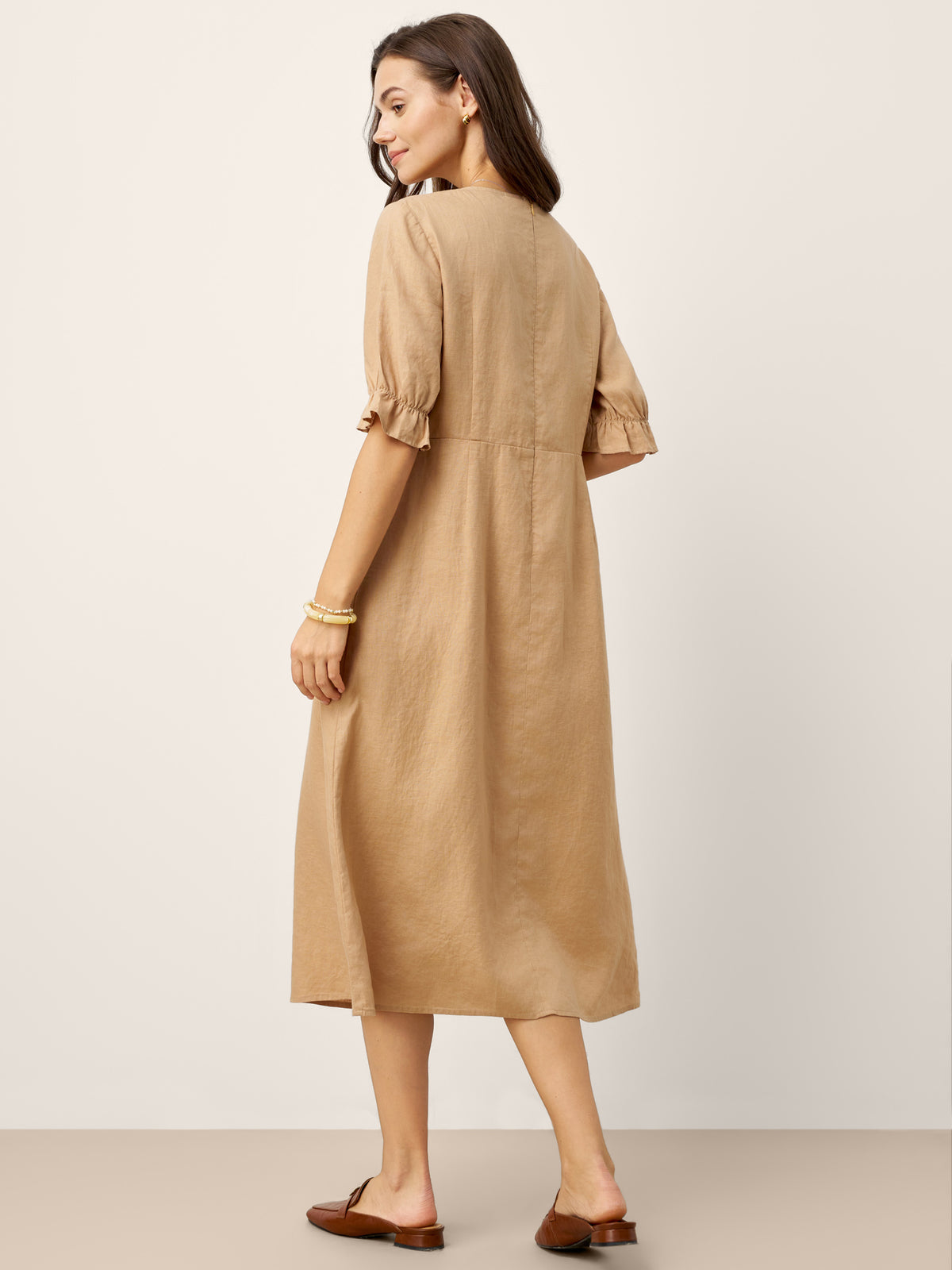 100% Linen Round Neck High Waist Ruffle Sleeve Maxi Dress ZEPHYRA by LINTICO for women
