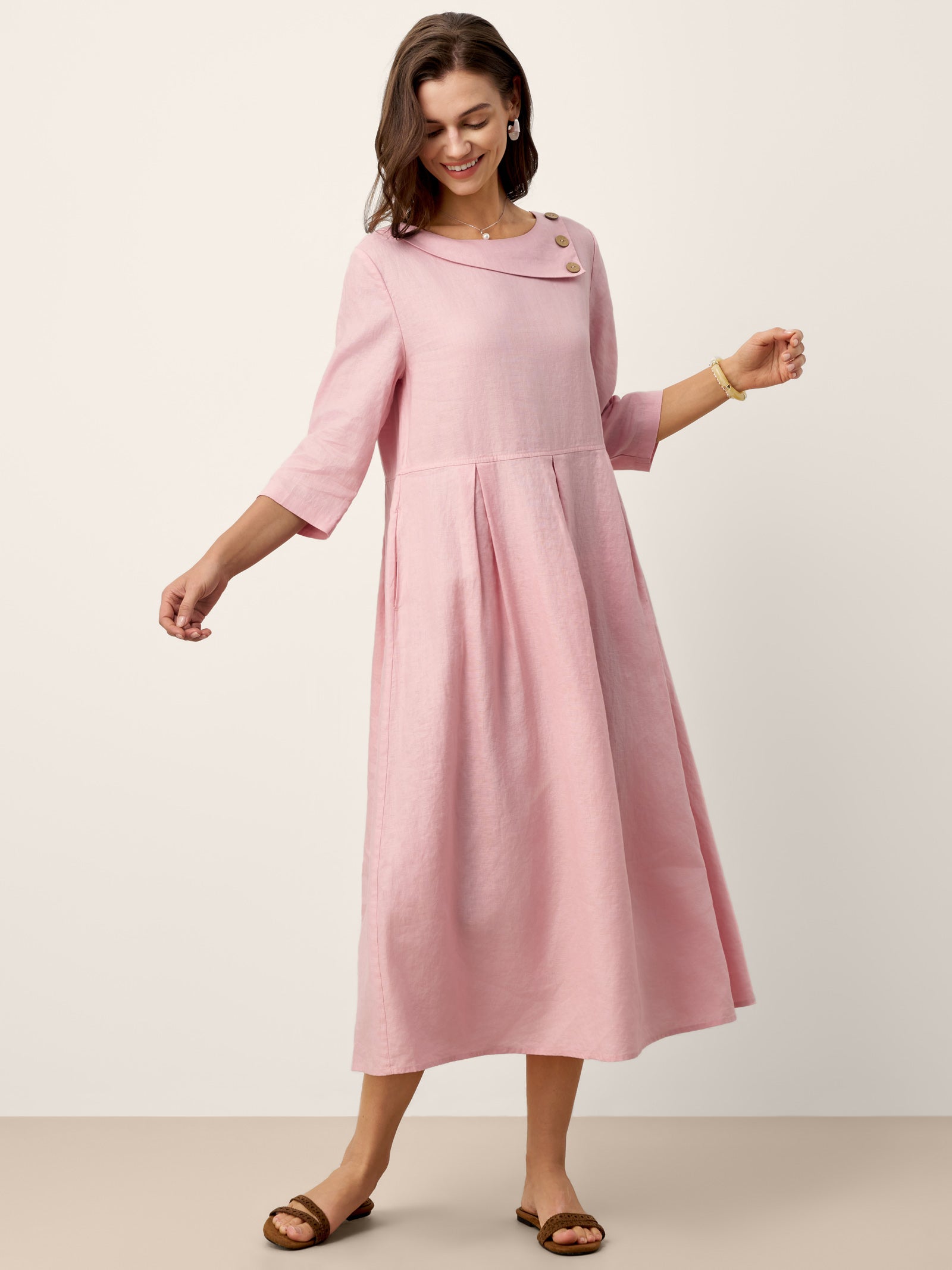 100% Linen Crescent Neck Decorative Button Waist Pleated Midi Dress GWENYTH