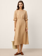 100% Linen Round Neck High Waist Ruffle Sleeve Maxi Dress ZEPHYRA by LINTICO for women