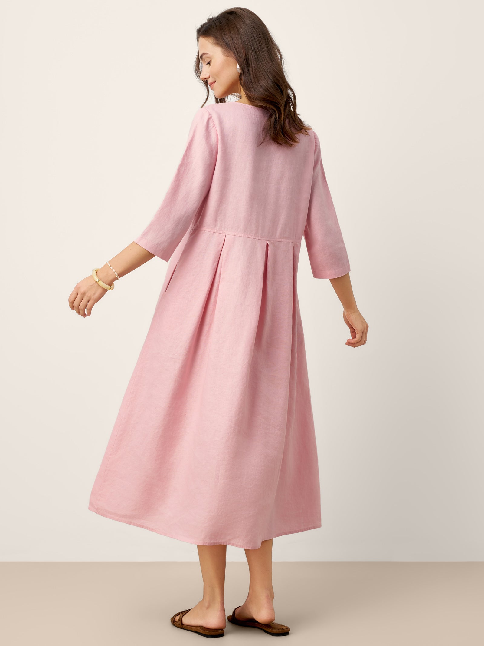 100% Linen Crescent Neck Decorative Button Waist Pleated Midi Dress GWENYTH by LINTICO for women