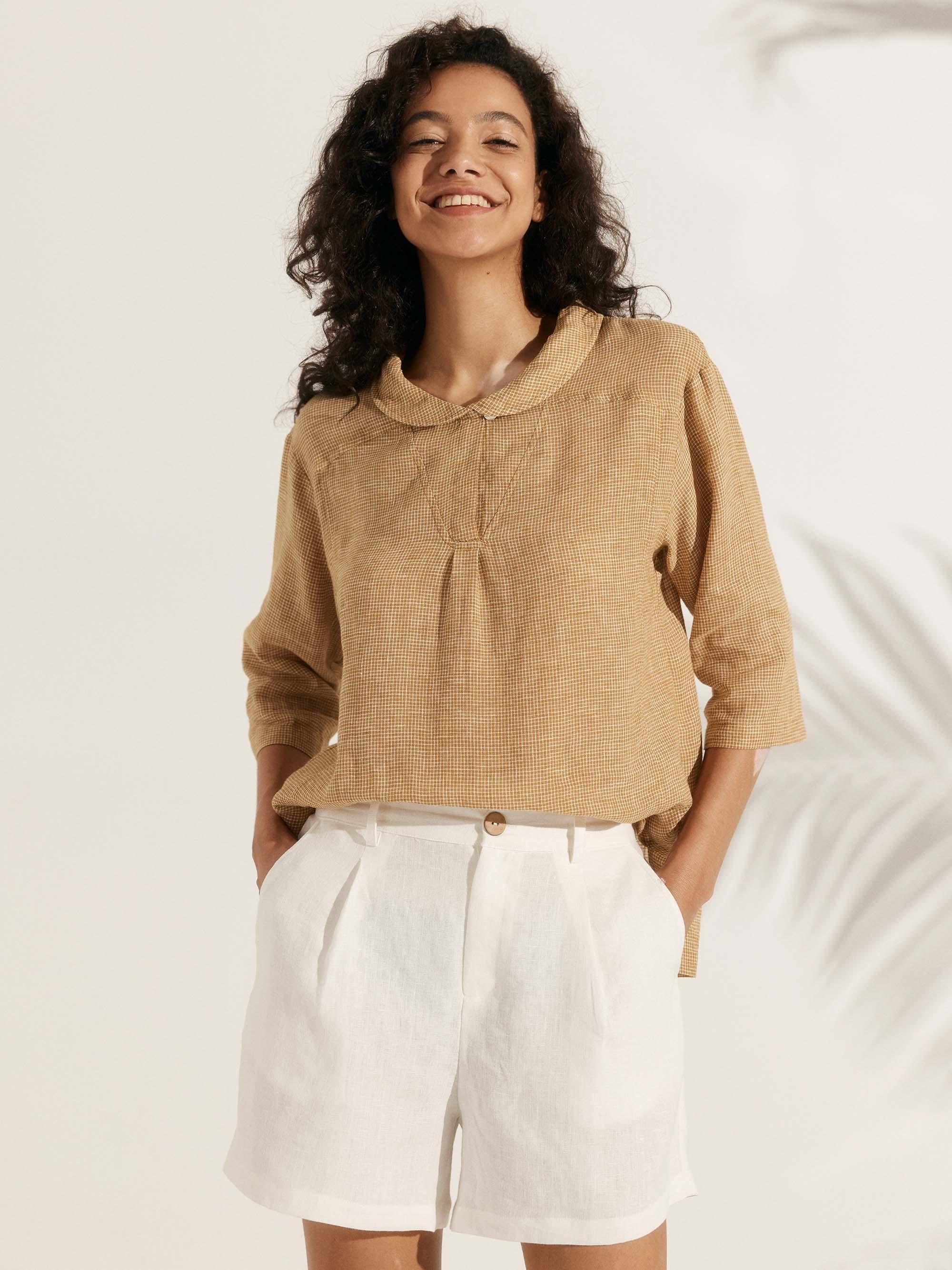 JADE 100% Linen Shawl V-Neck Half Sleeve Top - Sand / XS - TOPS-Linen Blouses