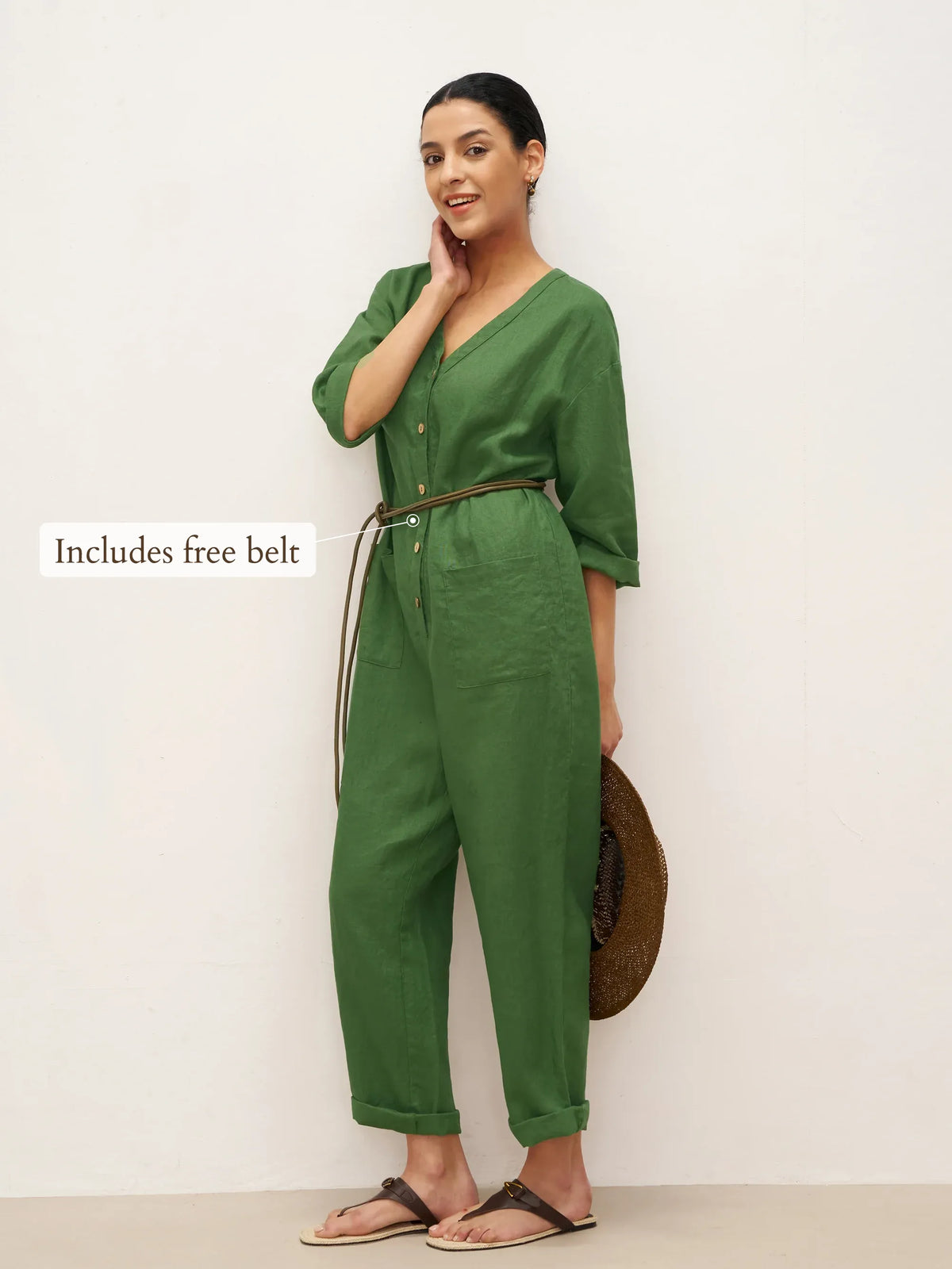 100% Linen Deep V-Neck Oversized Button-Front Jumpsuit LINDEN-with Belt - sets & jumpsuits
