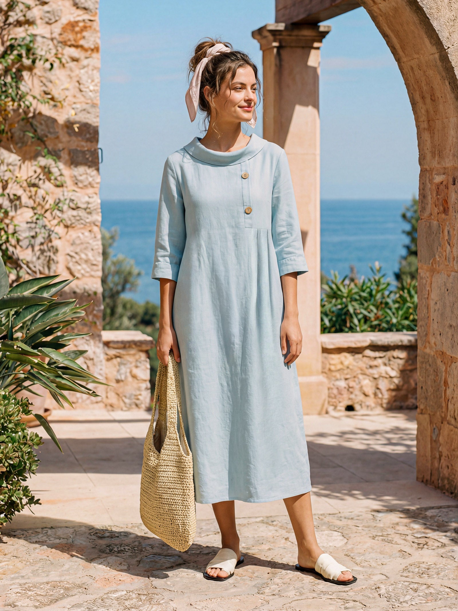 100% Linen Rolled Collar Asymmetric Button Maxi Dress ELARAINE in Sky Blue