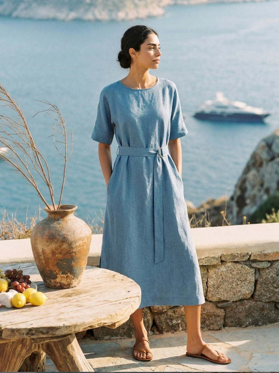 100% Linen Loose Fit Kimono Maxi Dress MADDIE in Powder Blue