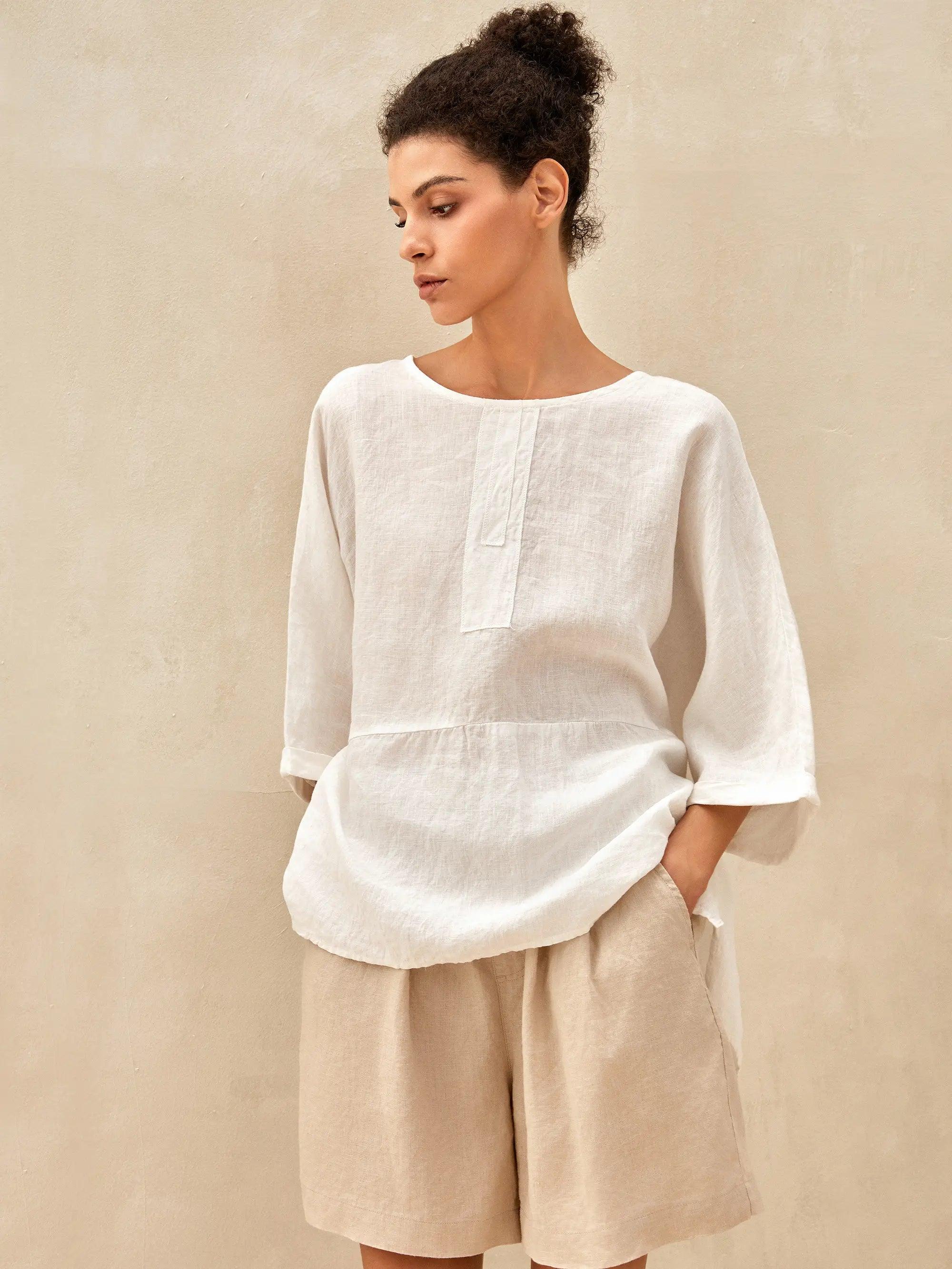 100% Linen Round Neck Mid-Sleeve Top ROBYN - TOPS-Linen Blouses