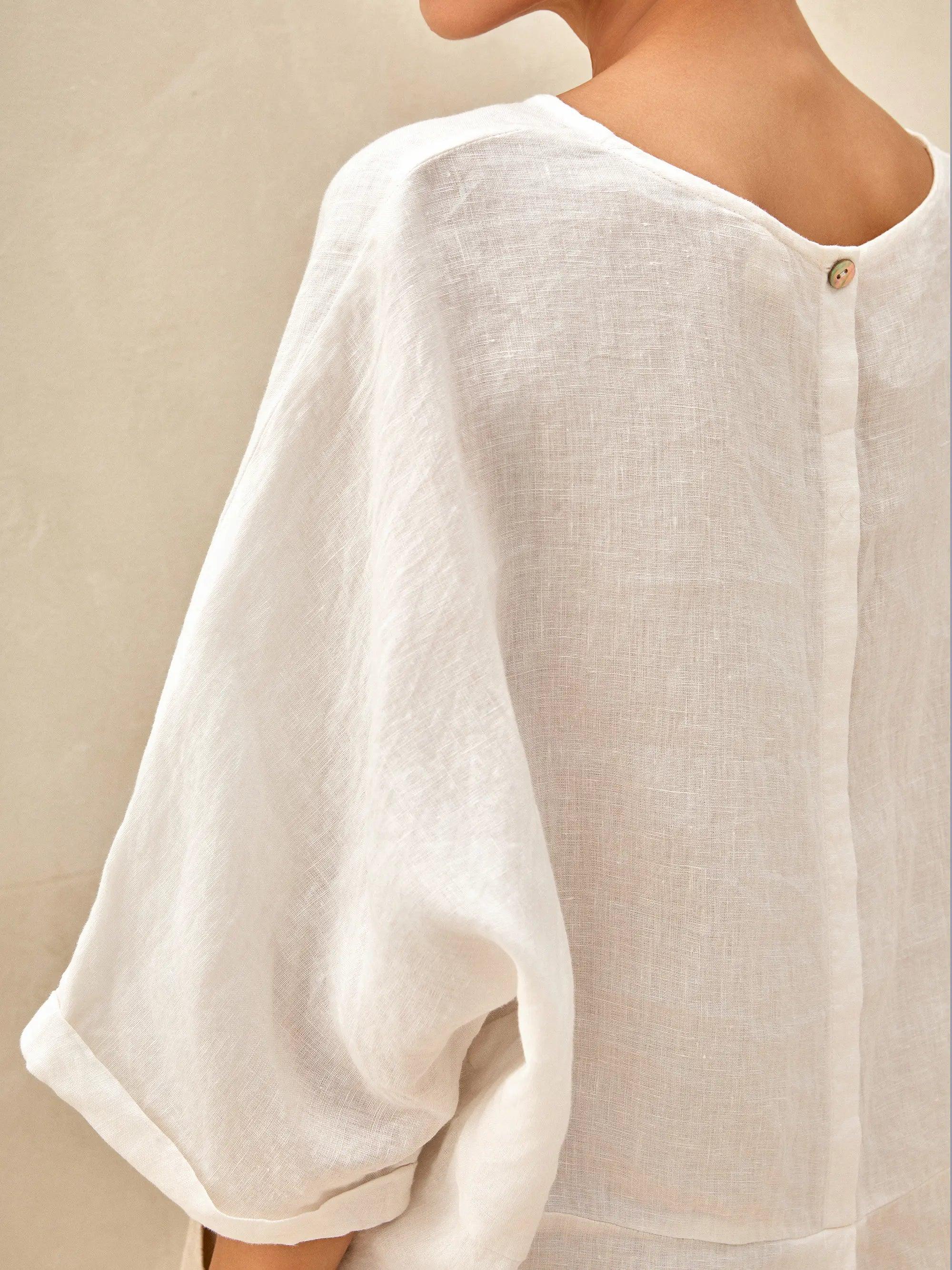 100% Linen Round Neck Mid-Sleeve Top ROBYN - TOPS-Linen Blouses