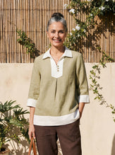 100% Linen Contrast Panel Lapel Sculpted Pleated Pullover Top VICTORIA by LINTICO for women