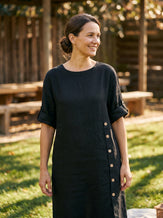 100% Linen Round Neck Button Detail Midi Dress JELENA by LINTICO for women