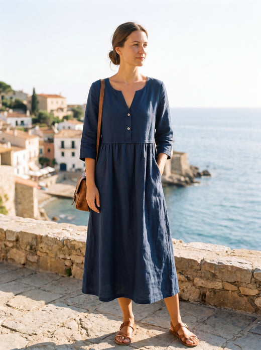100% Linen Loose Fit Button Waist Gathered Midi Dress LUNA