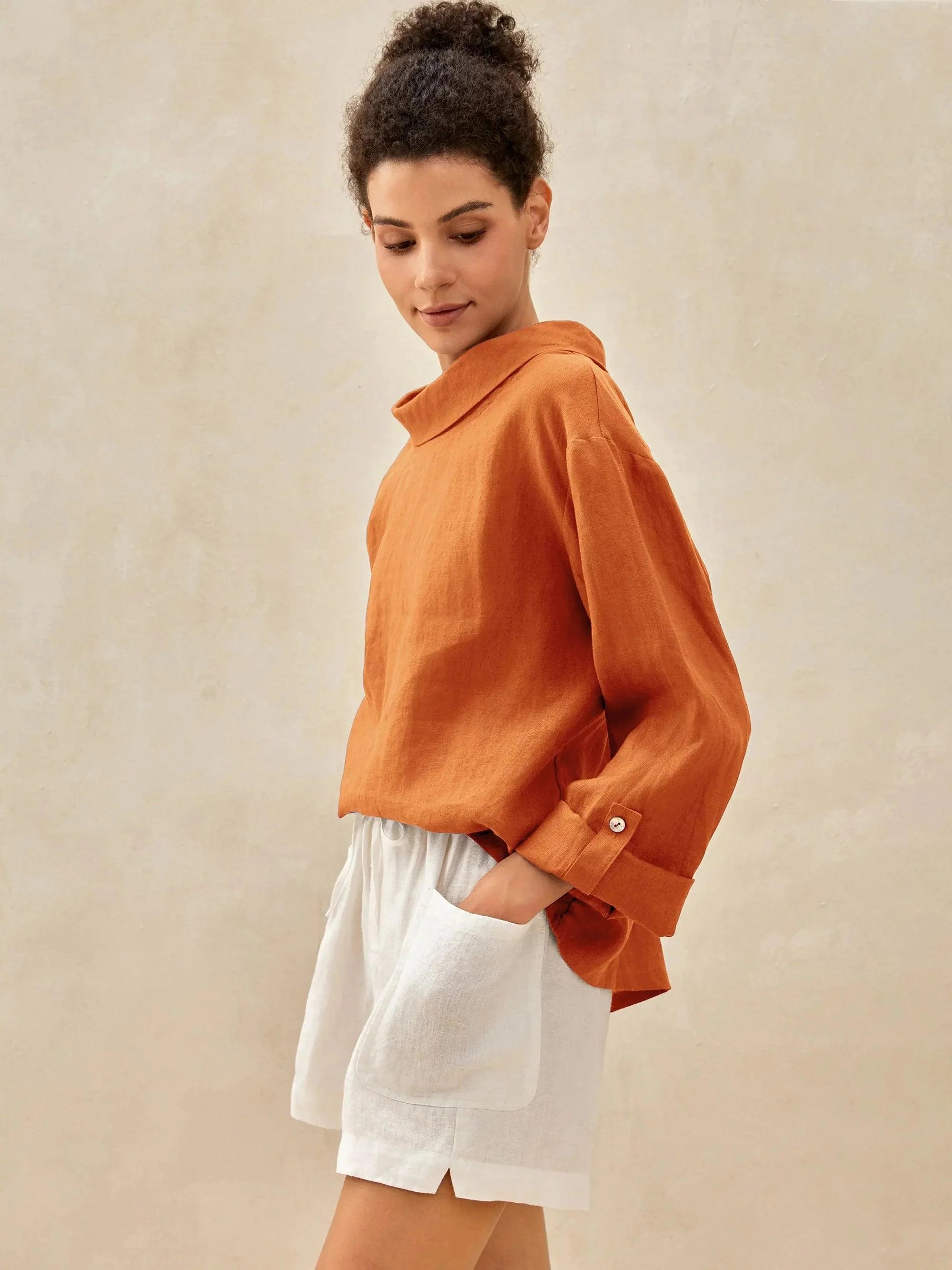 100% Linen Draped Neck Top HOLLIS - TOPS-Linen Blouses