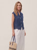 Navy Blue 100% Linen Scalloped Lace Hem Sleeveless Shirt ALVINA product video