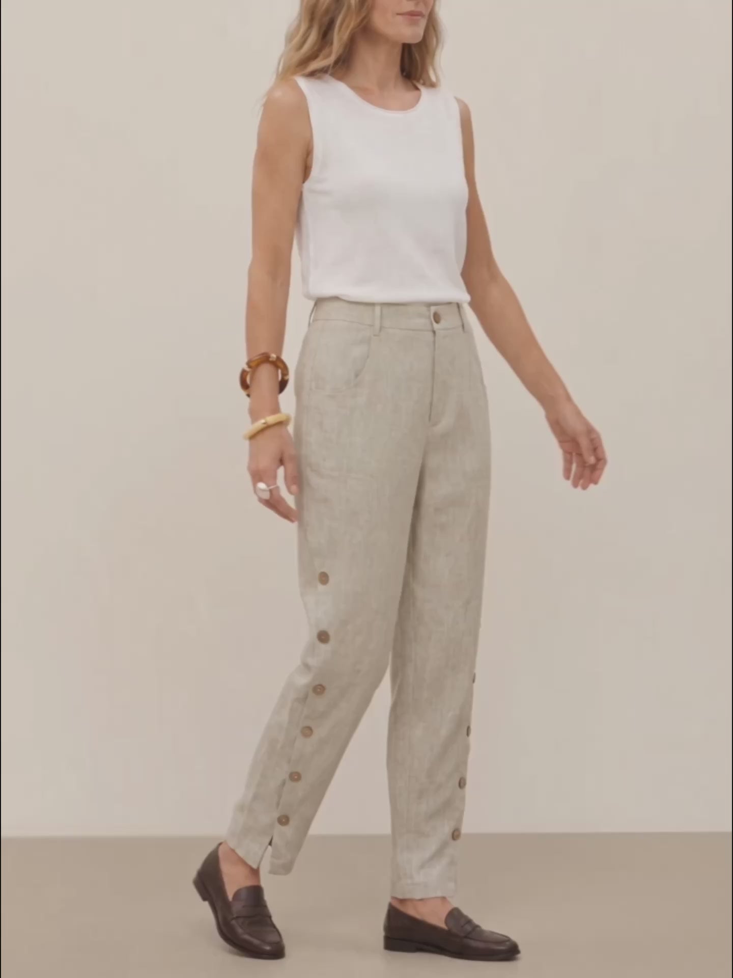Natural Melange 100% Linen Wood Button Slit Hem Ankle Pants ALBA product video
