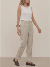 Natural Melange 100% Linen Wood Button Slit Hem Ankle Pants ALBA product video