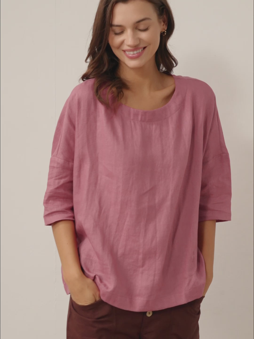 AURORA 100% Linen Boatneck 3/4 Length Sleeve Top
