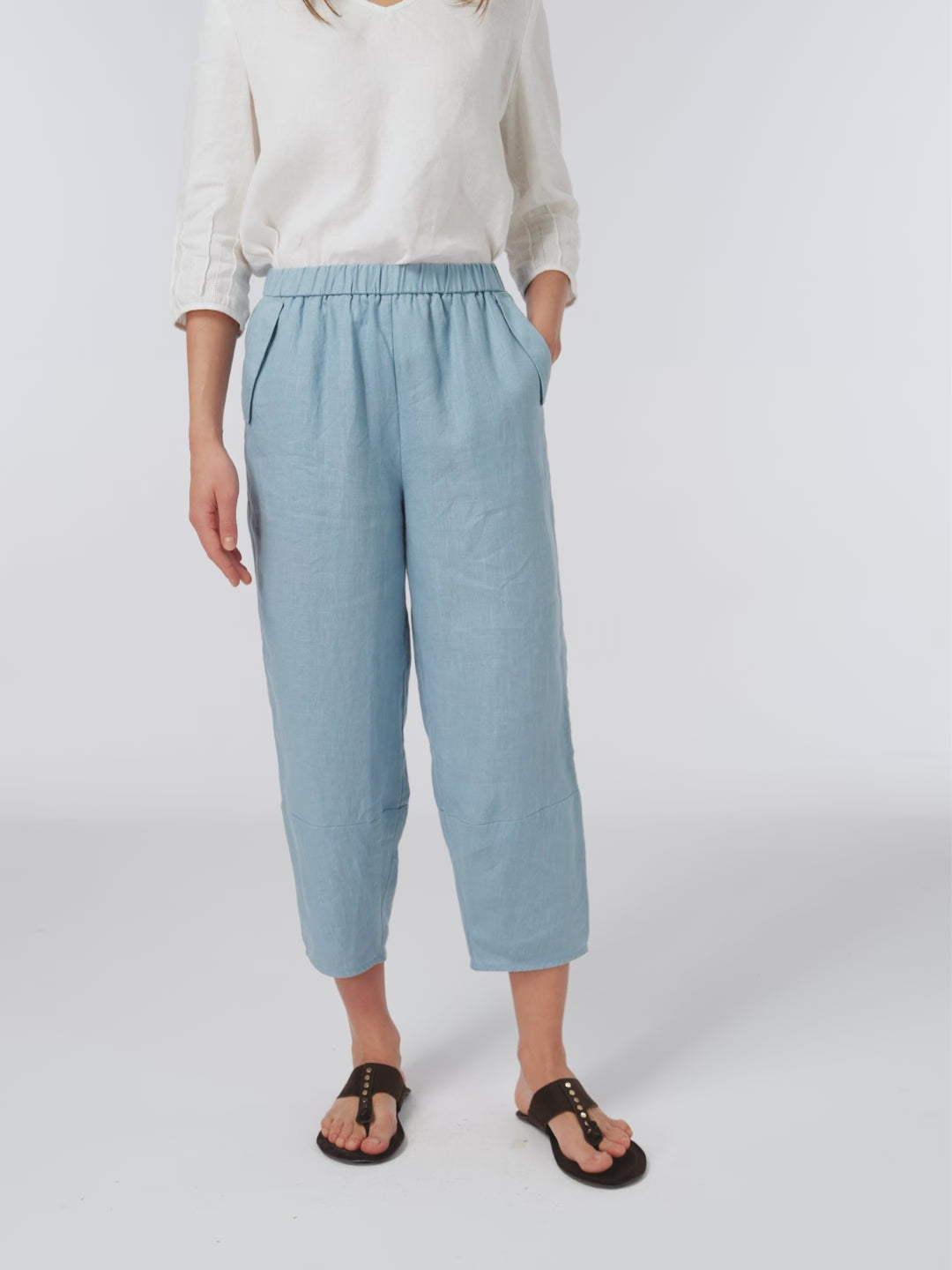 100% Linen Tapered Cropped Pull-On Trousers LORETTA