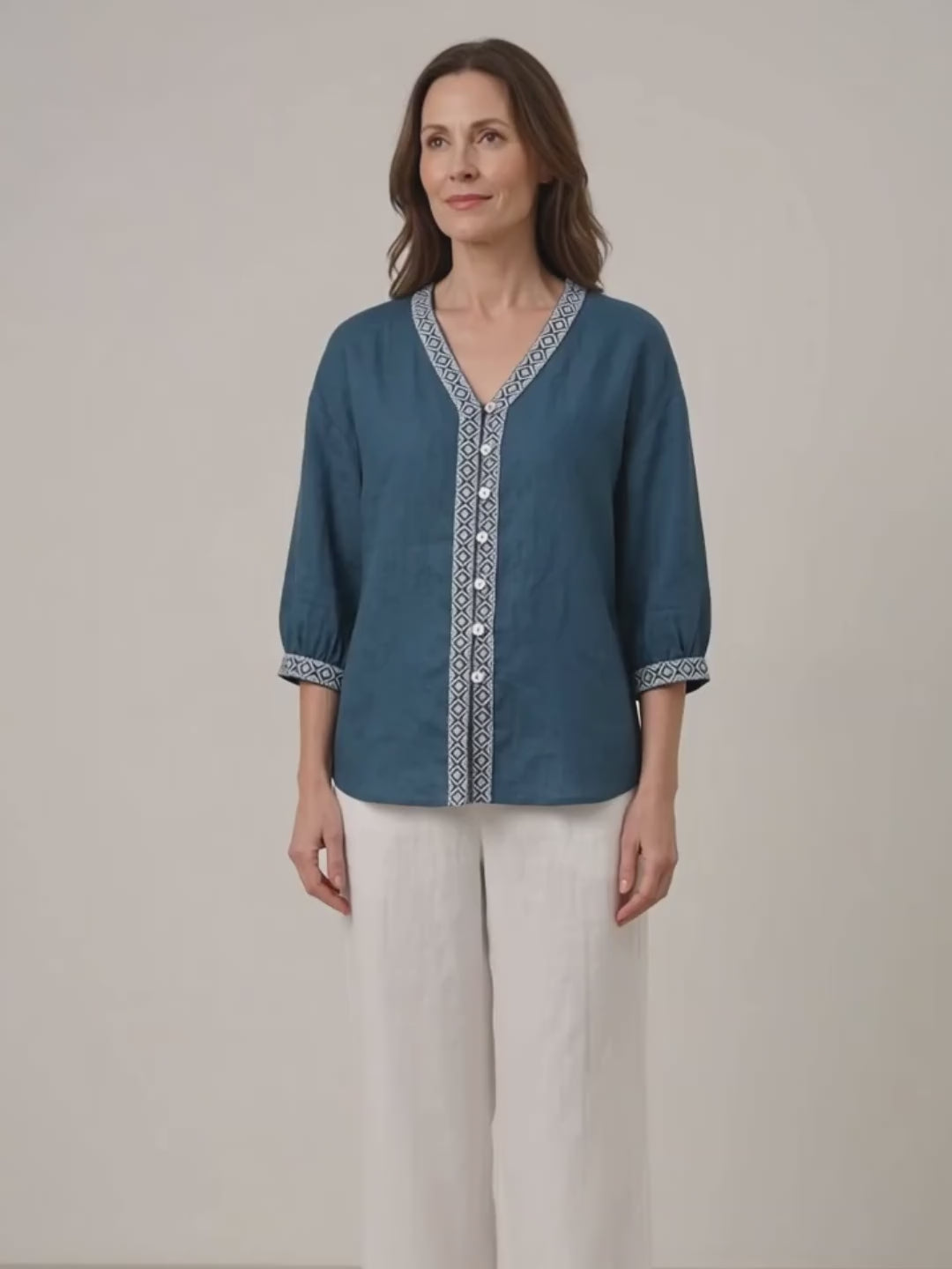 Harbour Blue 100% Linen Geometric Trim V Neck Shirt SORAYA product video