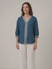 Harbour Blue 100% Linen Geometric Trim V Neck Shirt SORAYA product video