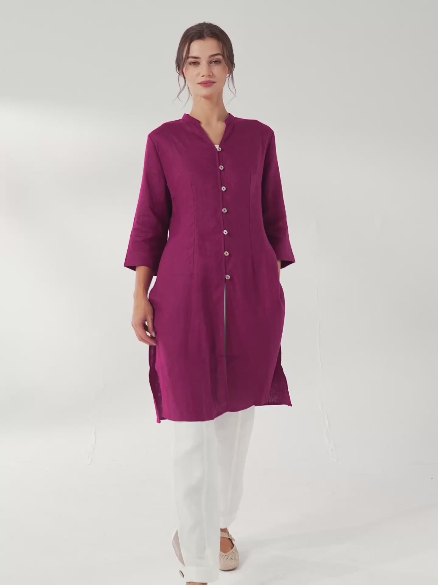 100% Linen Hand Button Long Top DILLON
