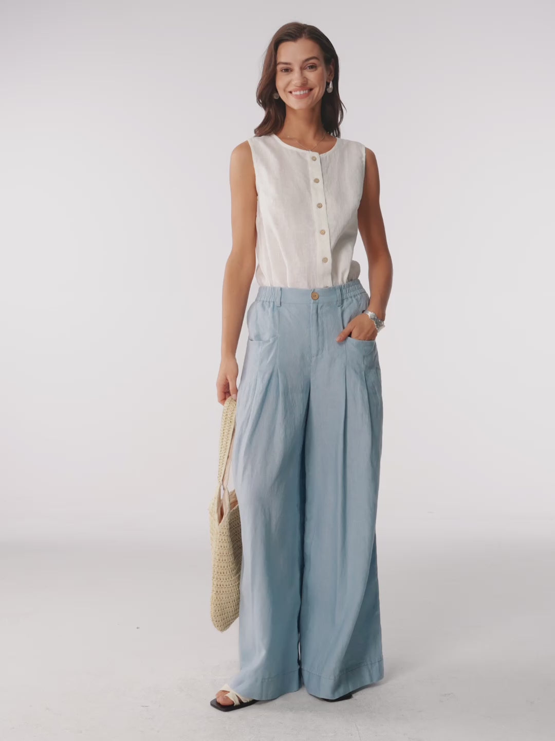 100% Linen Sculpted Pleat Elasticated Back Relaxed Pants VERIDIANA