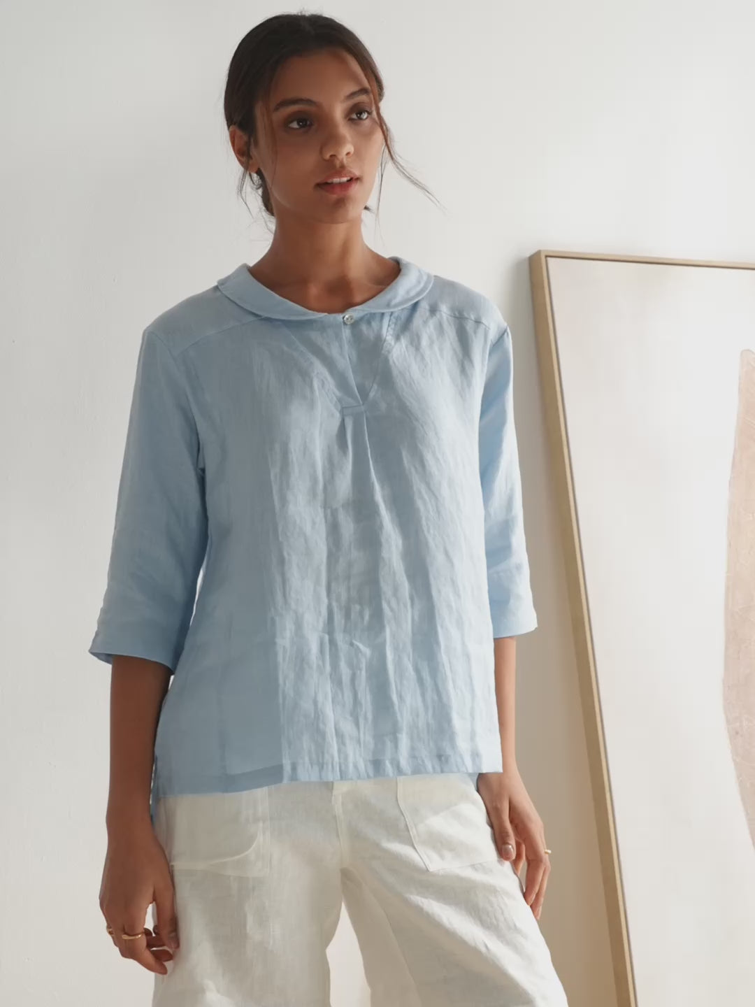 100% Linen Shawl V-Neck Half Sleeve Top JADE