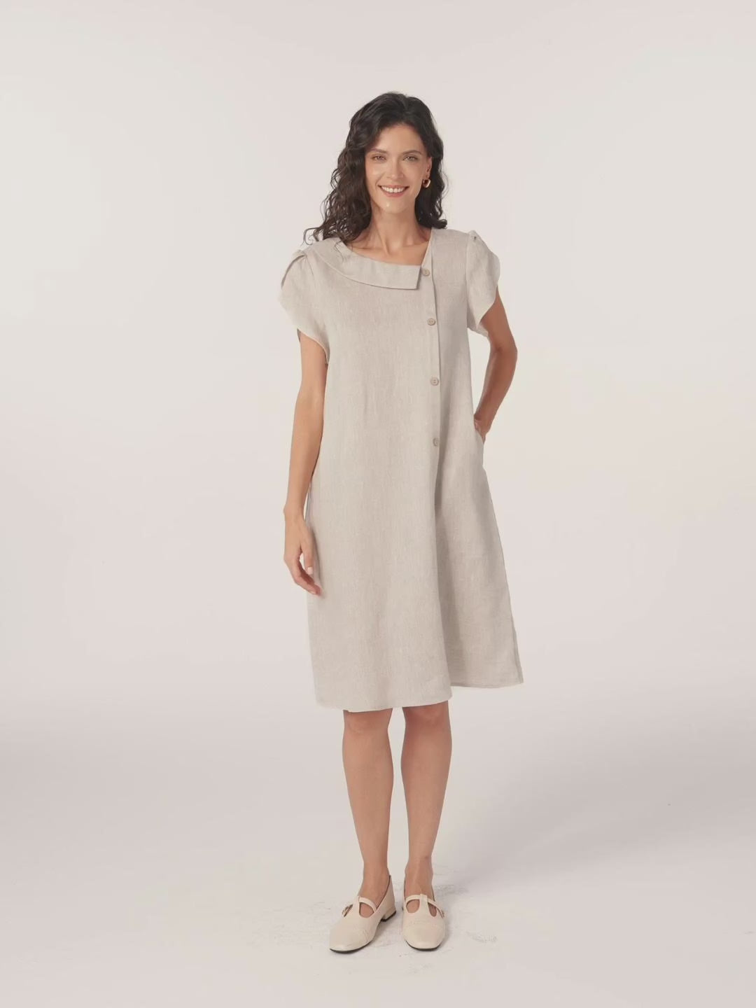 100% Linen Crescent Collar Ruffle Sleeve Mini Dress THERESA, Stone Oat / XXL