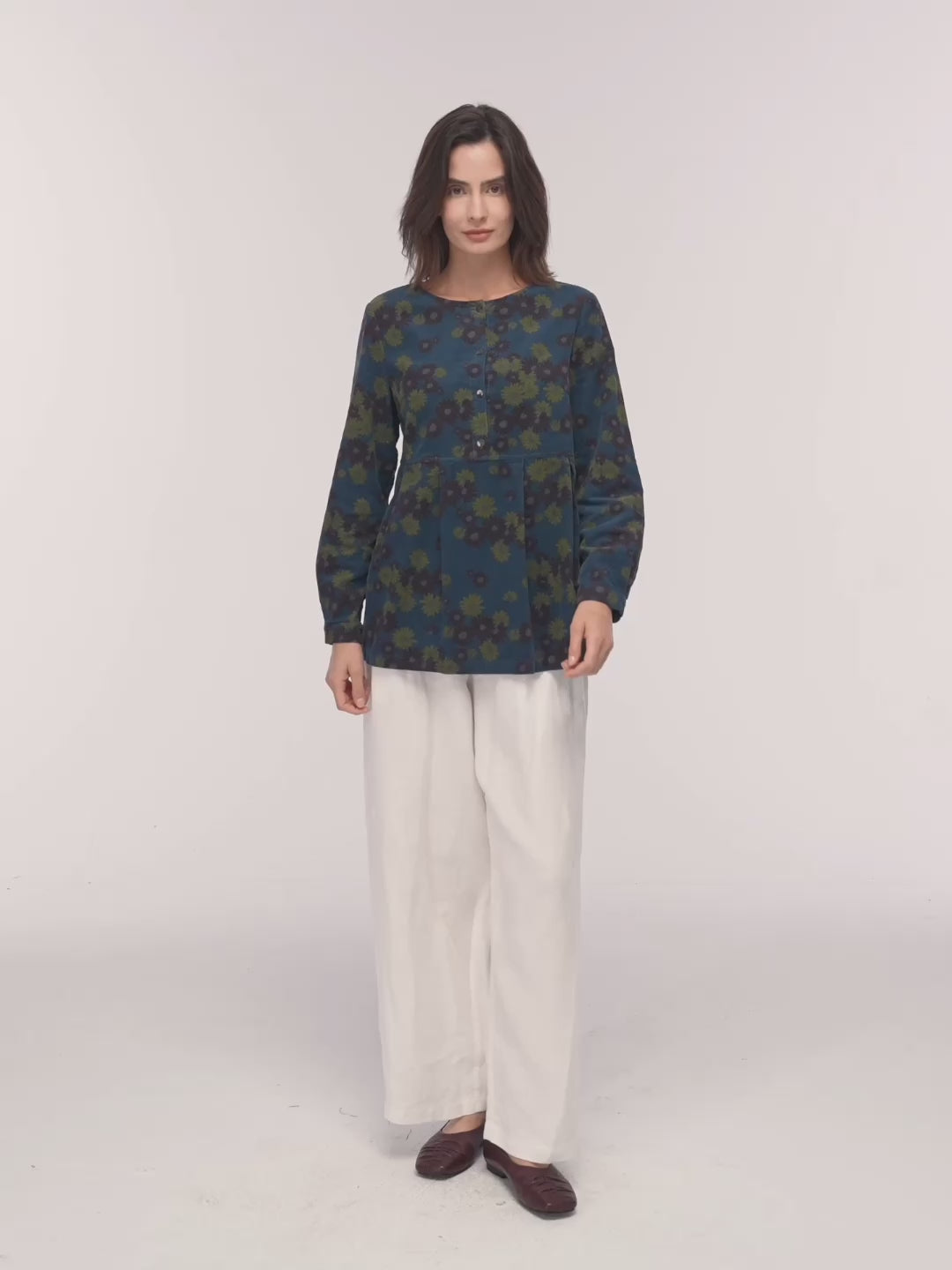 100% Organic Cotton Floral Corduroy Printed Ruched Top ADELE