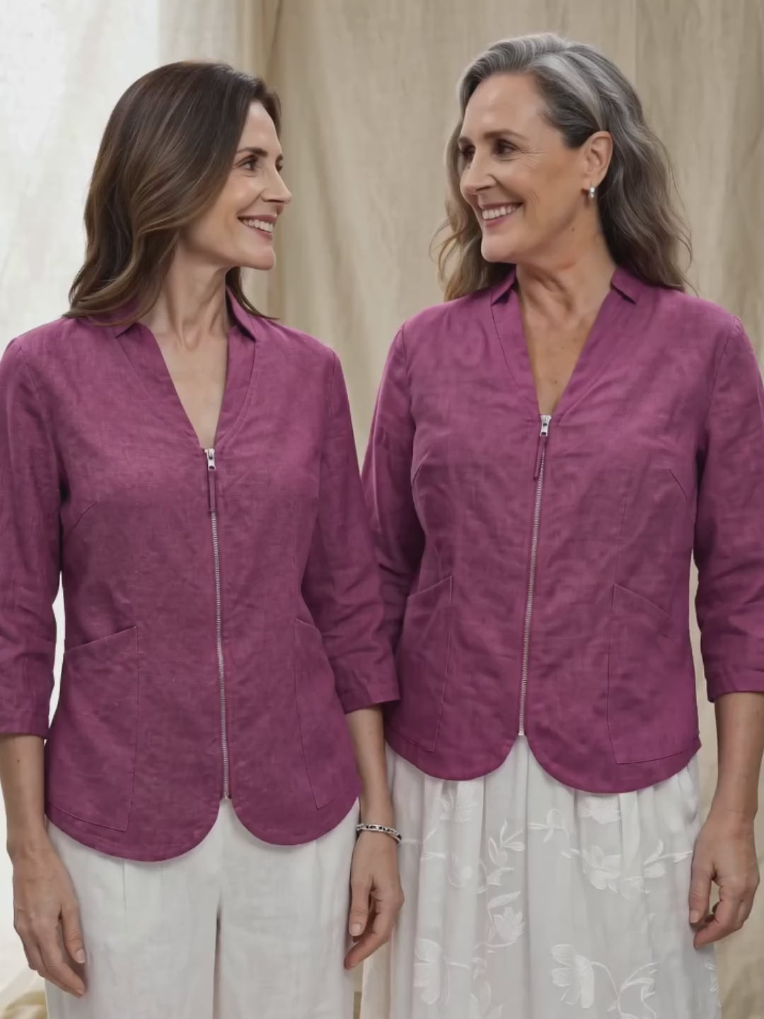 Berry Wine 100% Linen Stand Collar Zip Front Jacket MAELLE alternate product video