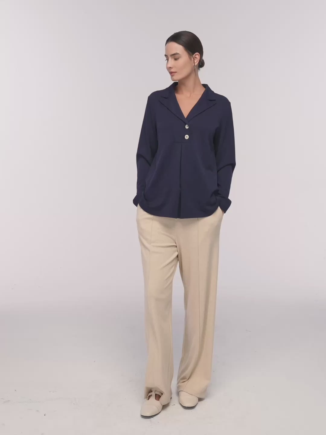 Cotton Notched Pleat Long Sleeve Top JUNE